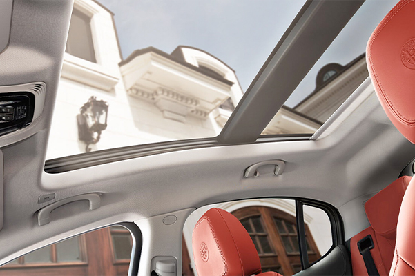 An interior view of the sunroof available on the 2019 Alfa Romeo Stelvio.