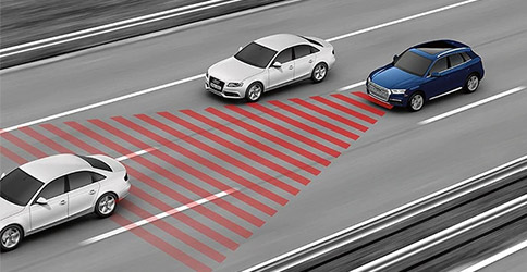 illustration showcasing Audi Q5 Audi adaptive cruise control with Traffic Jam assist and active lane assist