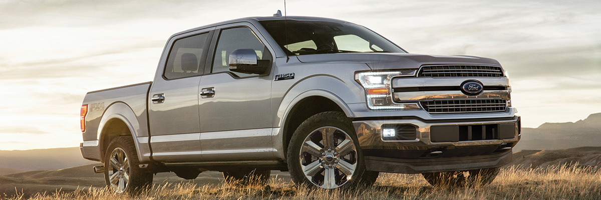 side view of silver Ford F-150 pickup truck parked on top of a mountain