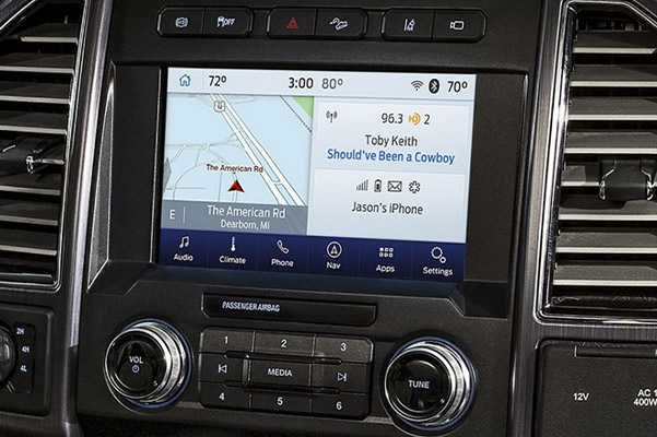 interior view of the digital screen showcasing sync®3 with navigational tools, radio and phone connected.