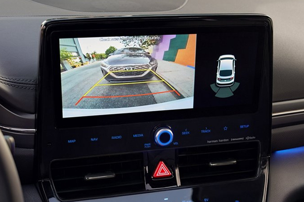 Rear view camera in a 2021 Hyundai Ioniq Hybrid showing how much room there is between the back of the car and the front of the car parked behind it