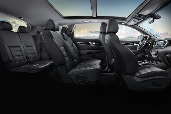 interior side view of Kia sorento suv showcasing back leather seats