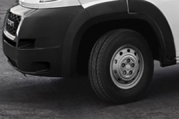 A close-up of the front wheel on the 2020 Ram ProMaster