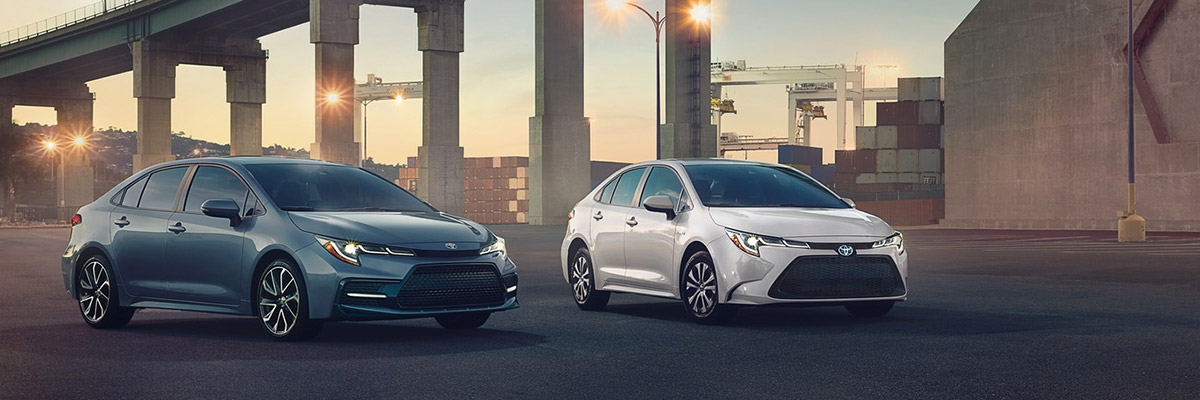 A blue 2020 Toyota Corolla and a white 2020 Toyota Corolla parked next to each other under an overpass