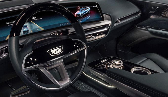 interior shot of Cadillac LYRIQ EV showcasing digital dashboard