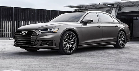 3/4 side profile of the 2021 Audi A8 parked