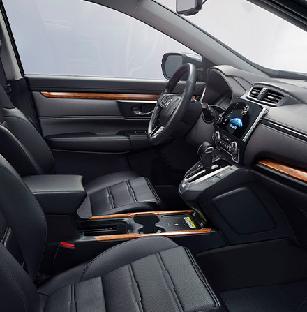 Interior view of the 2021 Honda CR-V Touring with Black Leather.