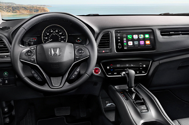 Interior view of steering wheel and instrument panel detail in the 2021 Honda HR-V EX-L with Black Leather.