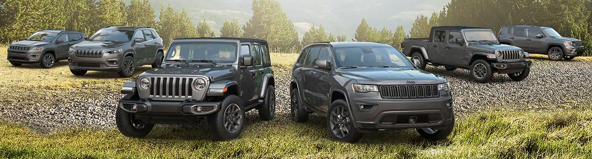 A lineup of six 2021 Jeep Brand vehicles superimposed on historical advertisements for the brand.