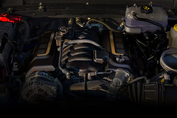 A look under the hood of the 2021 Jeep Wrangler Rubicon 392, showing the 6.4-liter V8 engine in the vehicle.