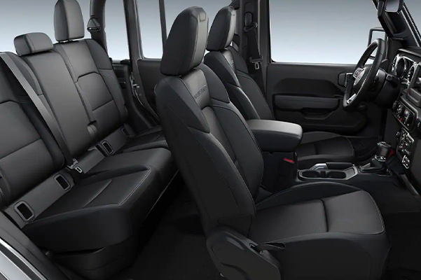 2021 Jeep Gladiator Overland interior. Black with Peak Embossing, Embroidered Overland Logo and Light Tungsten Stitching.