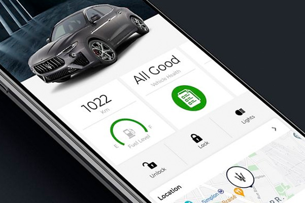 Maserati App with 2021 Maserati Levante on screen