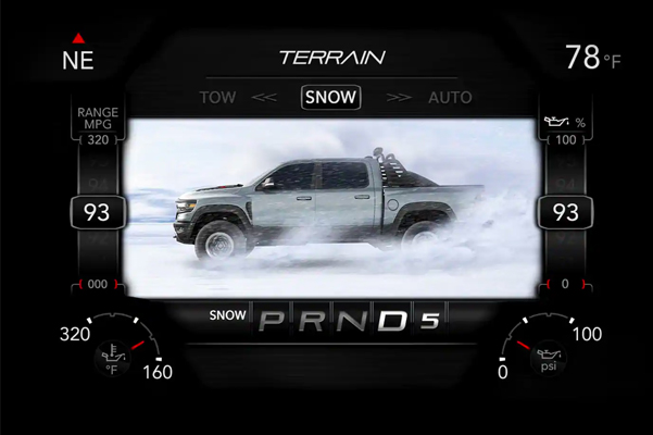 A close-up of the digital cluster display on the 2021 Ram 1500 TRX displaying the settings for the Snow Mode.