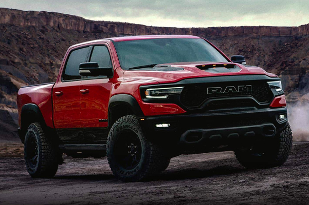 Profile view of a red Ram 1500 off road