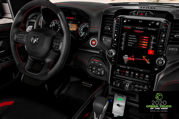 Ram 1500 interior with 2020 Green Truck of the year logo