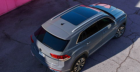 Aerial view of a 2021 VW Atlas Cross Sport shown in Pure Gray