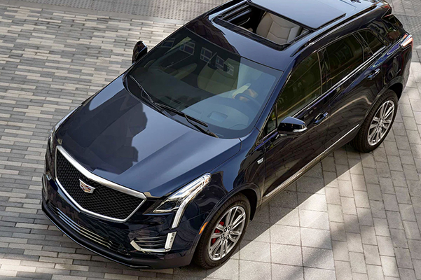 aerial view of the all new 2022 Cadillac XT5 in dark blue