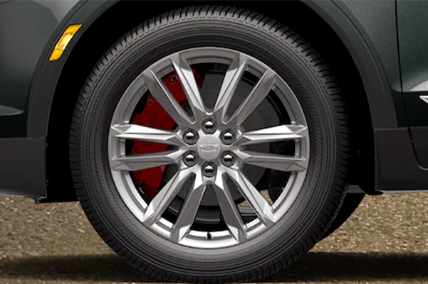 close up shot of the rims on an all new 2022 Cadillac XT5