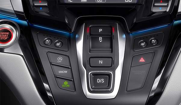 Electronic gear selector detail on the 2022 Honda Odyssey Elite.