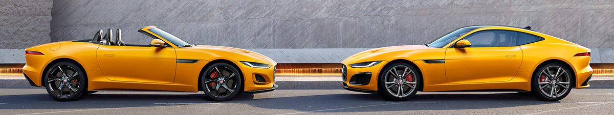 F-TYPE R coupe and F-TYPE R-DYNAMIC convertible in sorrento yellow with optional features fitted