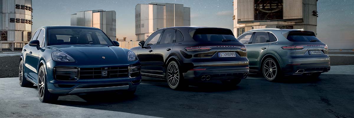 Models shown: Cayenne Turbo, Cayenne S, and Cayenne with optional equipment