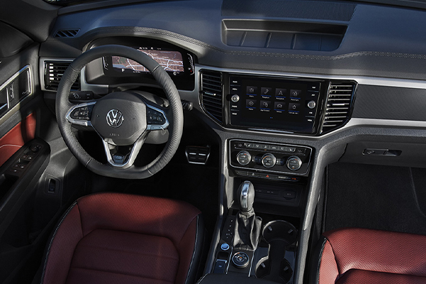 Interior view of the front dash and seats of an Atlas Cross Sport from above.