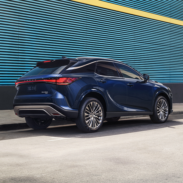 Rear exterior shot of the 2024 RX 350 AWD shown in Nightfall Mica.