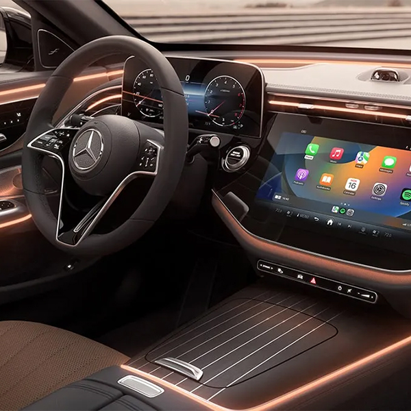 Interior wheel and dash view of the 2024 E-Class sedan