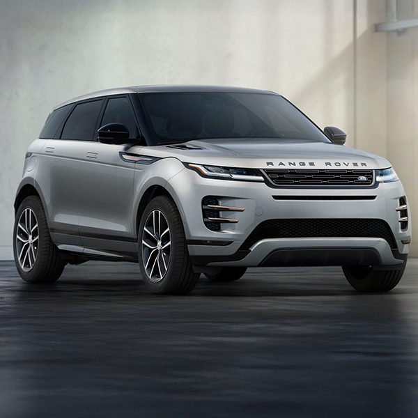 3/4 front profile view of the 2025 Range Rover Evoque in a modern studio setting