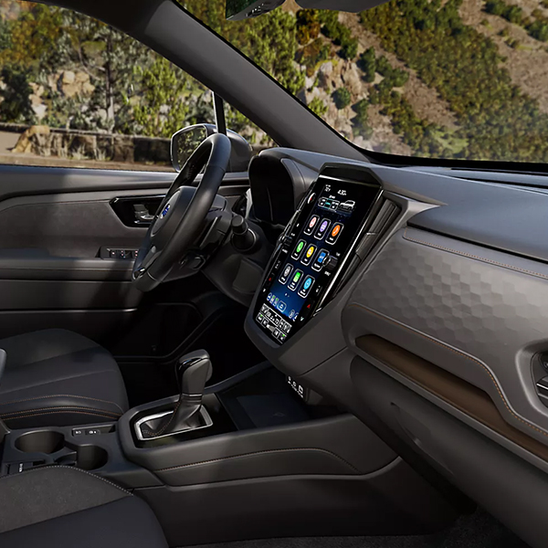 2025 Subaru SUV interior view of driver seat, passenger seat and dashboard