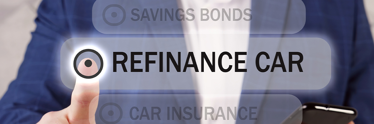 REFINANCE CAR inscription on the screen. Close up Broker hands holding black smart phone. Refinancing a car loan involves taking on a new loan to pay off the balance of your existing car loan
